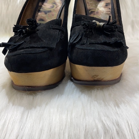NWT Sam Edelman Black Leather Loafer Tassels & Wood Wedge Platform - Picture 3 of 16
